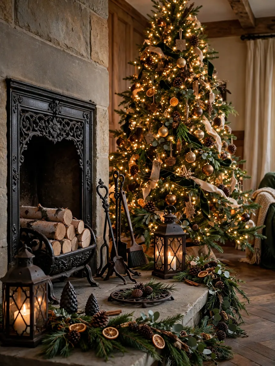 Cast Iron Hearth Decor idea for 14 Foot Christmas Tree
