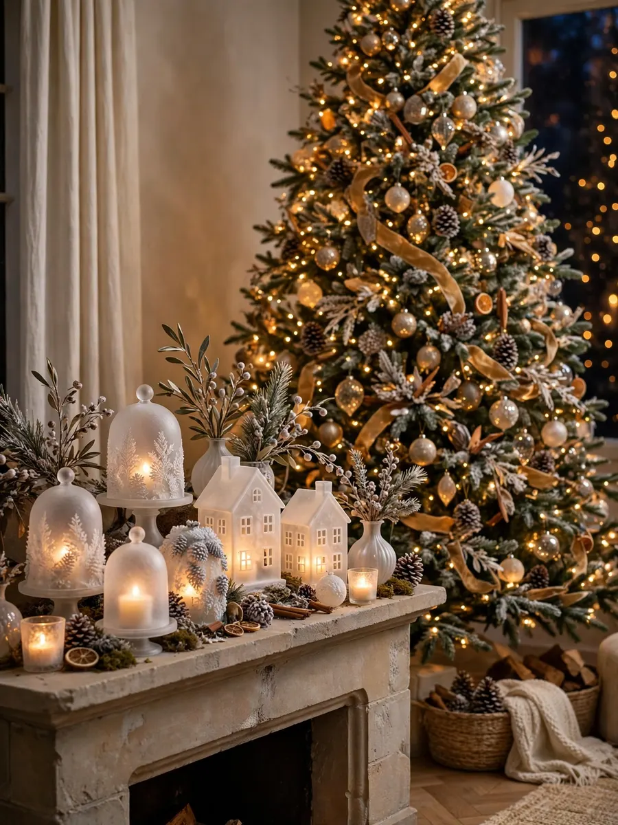 Frosted Glass Mantel Vignettes idea for 14 Foot Christmas Tree