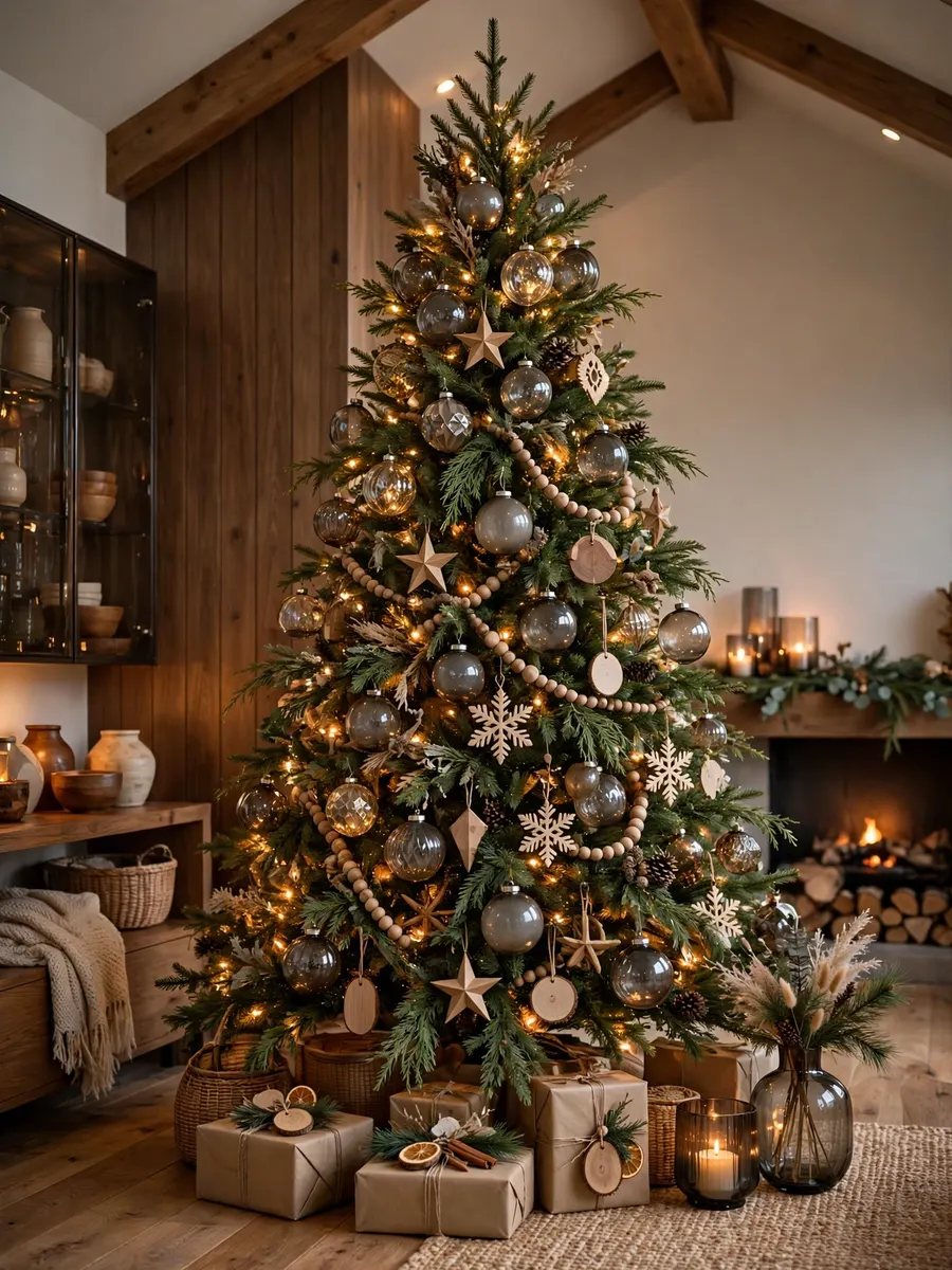 Smoked Glass Wood Accents idea for 14 Foot Christmas Tree