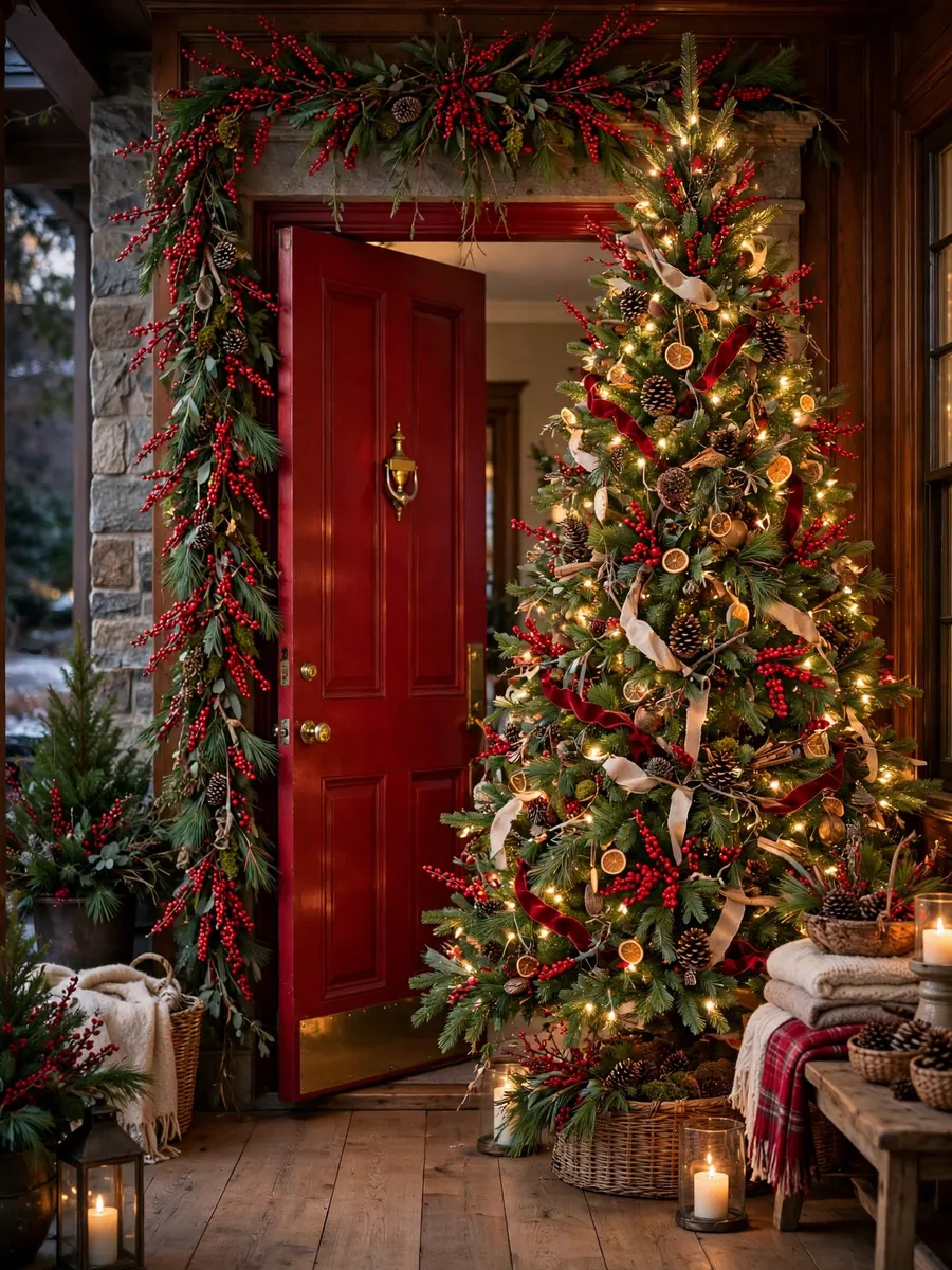 Winterberry Crimson Doorway Styling idea for 14 Foot Christmas Tree