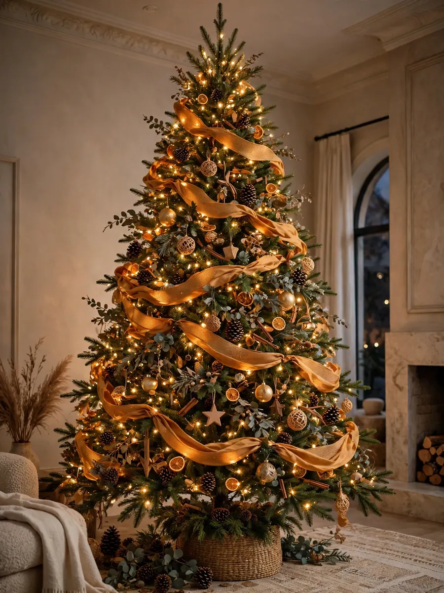 Amber Light Ribbon Styling idea for 16 Ft Christmas Tree