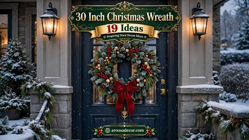 30 inch Christmas wreath with frosted pine branches, red berries, gold baubles and a red velvet bow on a dark front door with glowing lanterns