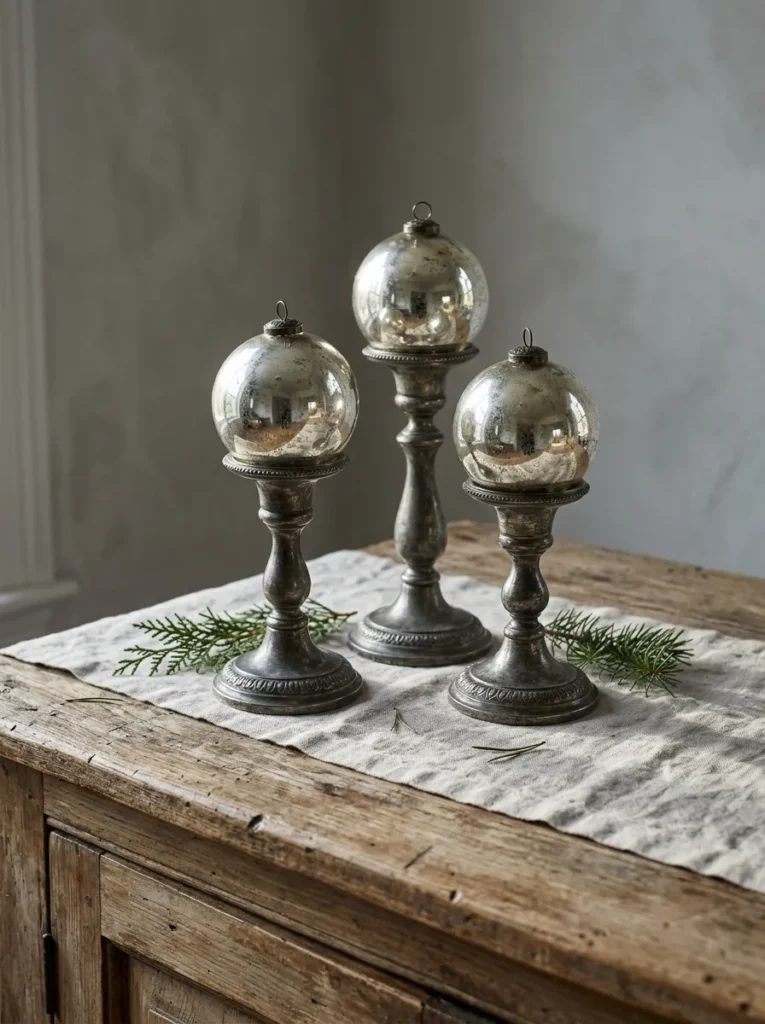 Aged Pewter Pedestal Touches - silver christmas balls (Artisanal aged pewter pedestal touches arranged as elegant silver christmas balls with festive textures and warm ambient lighting)