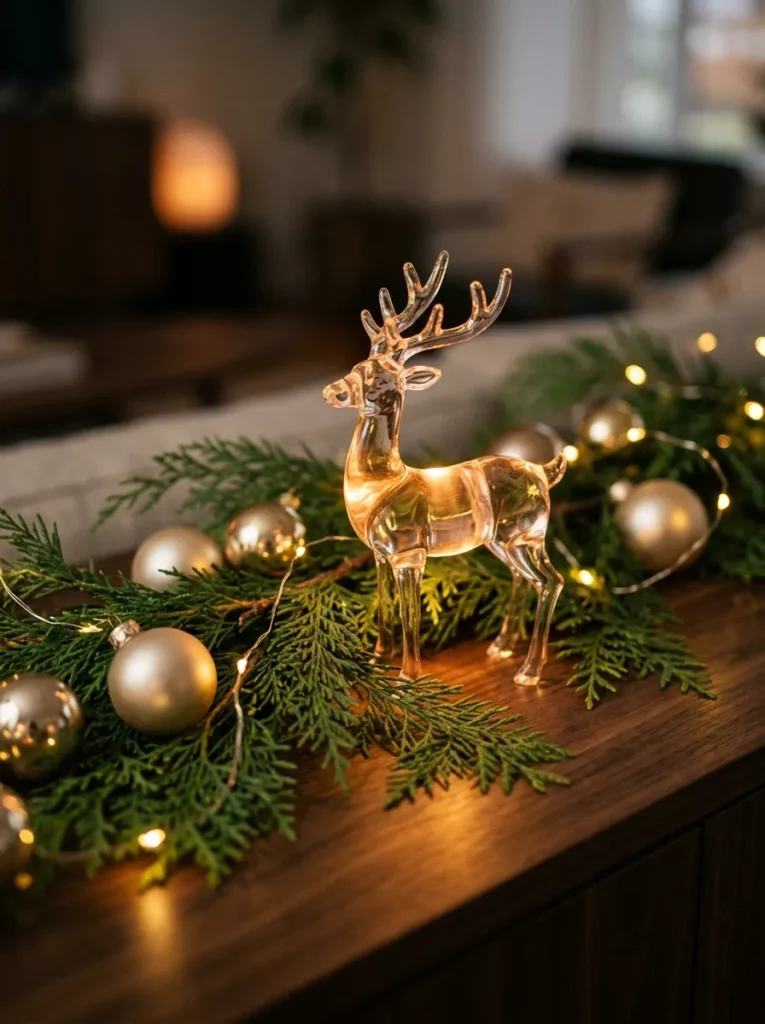 Amber Light Glass Concepts - deer christmas ornaments (Artisanal amber light glass concepts arranged as elegant deer christmas ornaments with festive textures and warm ambient lighting)