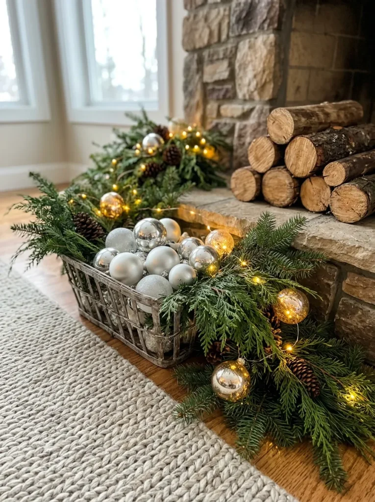 Amber Light Hearth Displays - silver christmas balls (Artisanal amber light hearth displays arranged as elegant silver christmas balls with festive textures and warm ambient lighting)