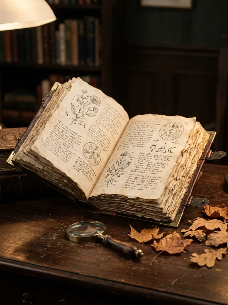 Ancient Leatherbound Spellbook Display