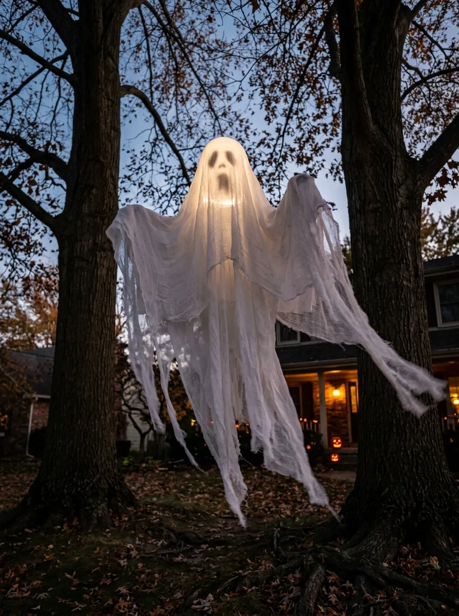 Animated Flying Ghost Crank Mechanism - graveyard halloween decorations (Motorized flying crank ghost rig gliding a glowing phantom smoothly across front yard)