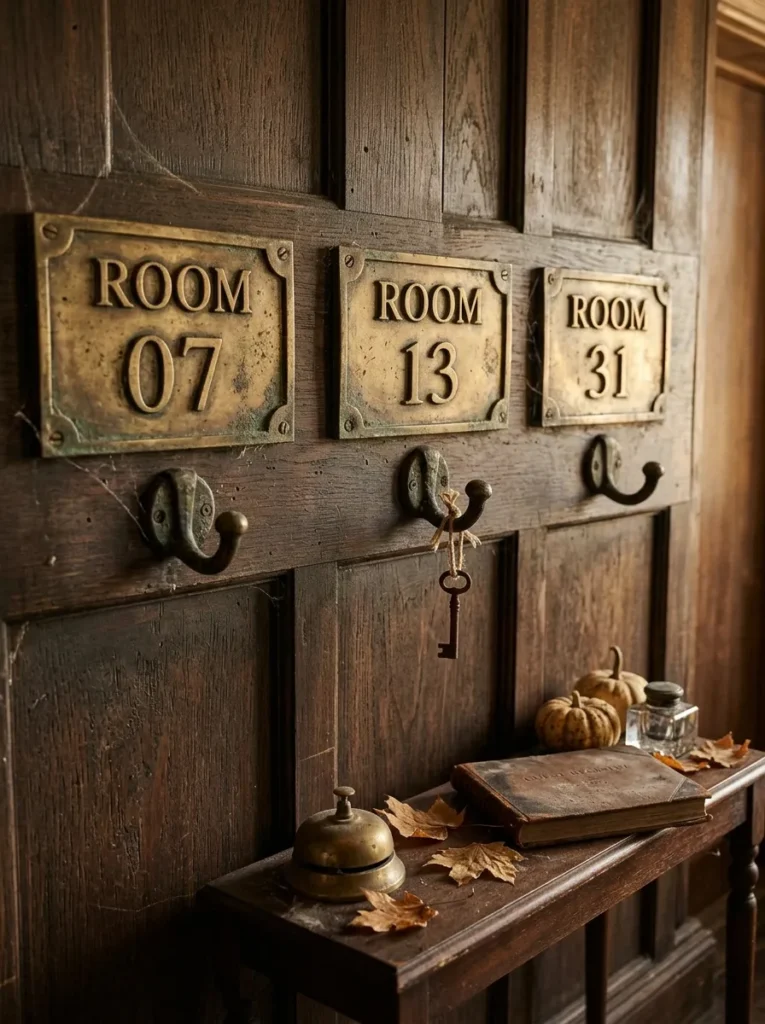 Antique Brass Hotel Key Room Plates - halloween signs (Engraved vintage brass door number plaques reading Bates Motel Room 13 on hallway door)