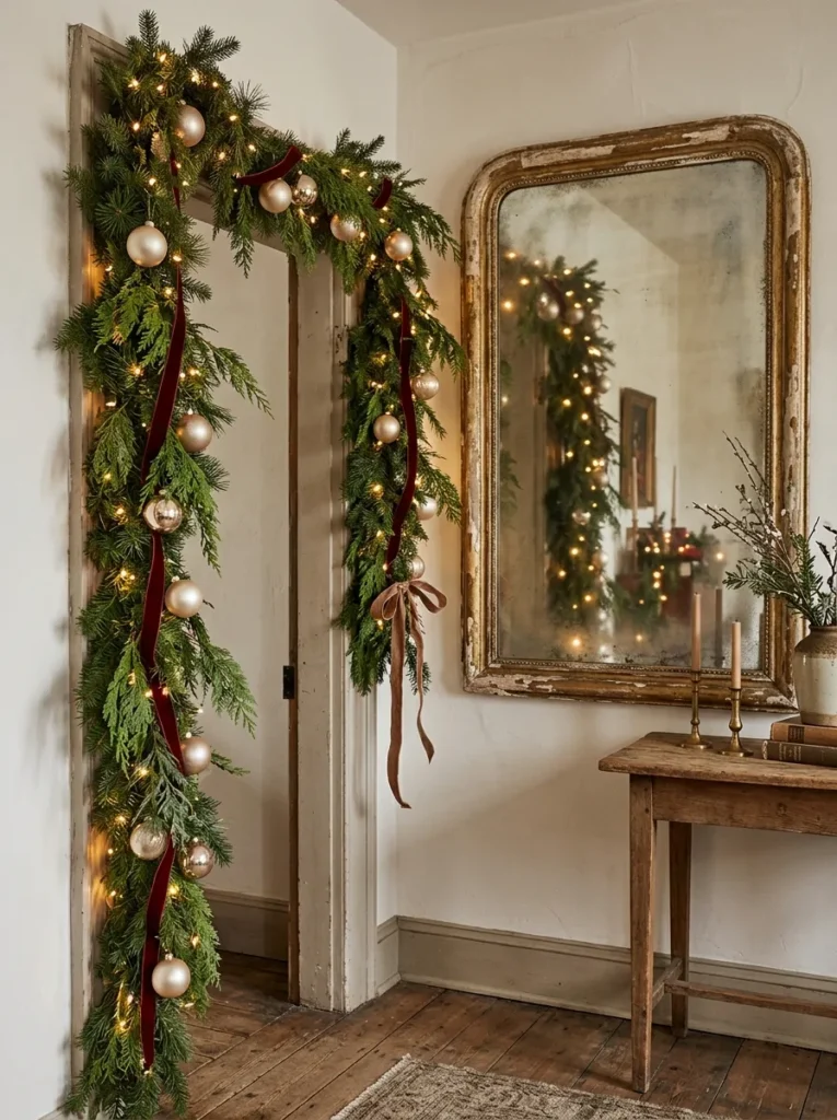 Antique Mirror Doorway Decor - magical nights of lights (Distressed antique mirror frames amplifying magical nights of lights along entryways)