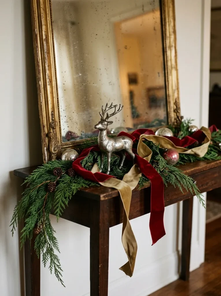 Antique Mirror Ribbon Accents - christmas reindeer decor (Reflective antique mirror finish ribbon streamers cascading beside christmas reindeer decor)