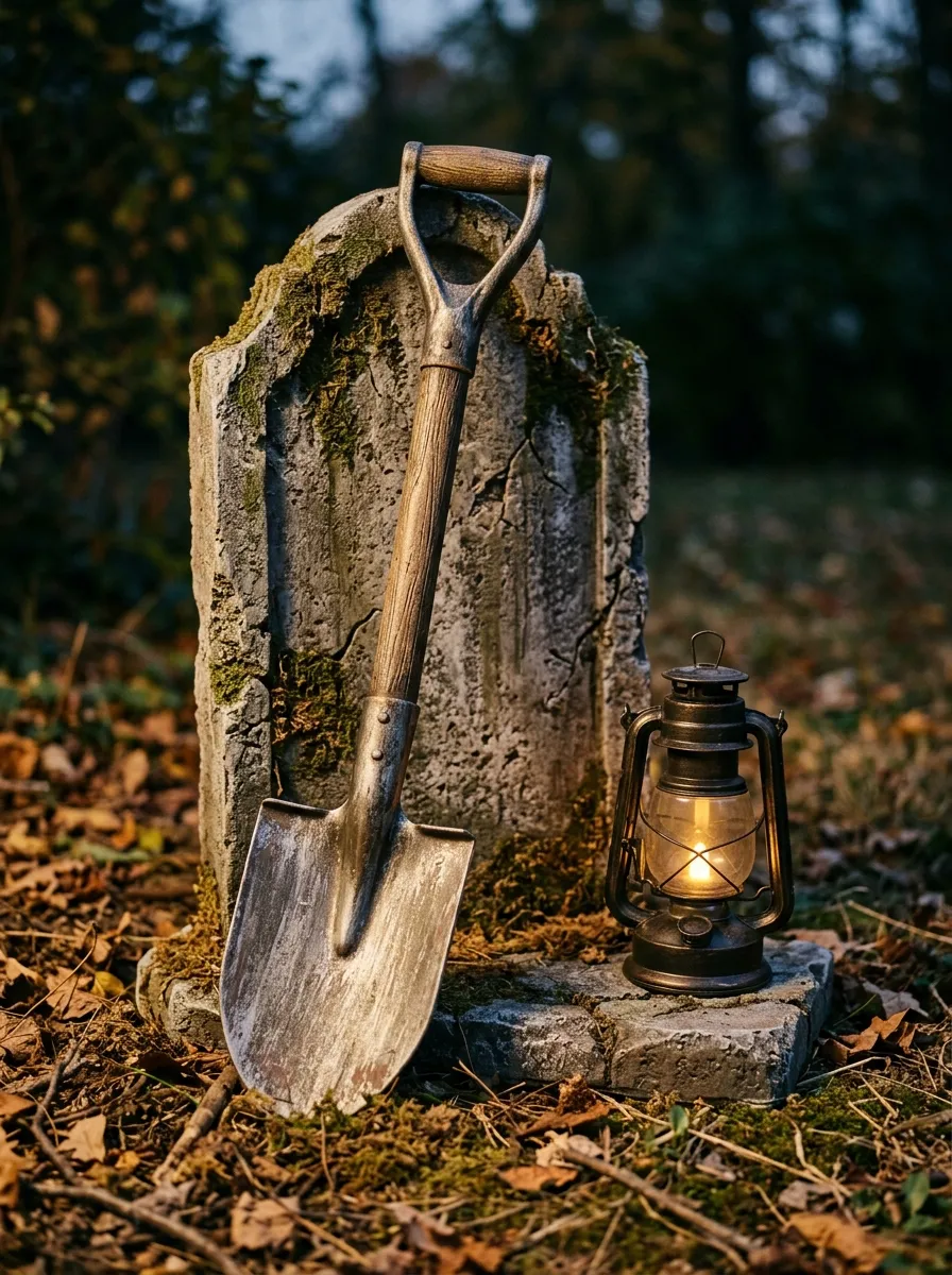 Antique Rusty Graveyard Shovel & Lantern Props - graveyard halloween decorations (Rusted iron cemetery shovel and flickering kerosene lantern leaning against fence)