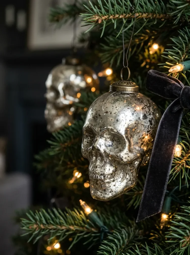 Antique Silver Mercury Glass Skulls - halloween ornaments for tree (Vintage silvered mercury glass skull ornaments hung with black velvet ribbons)
