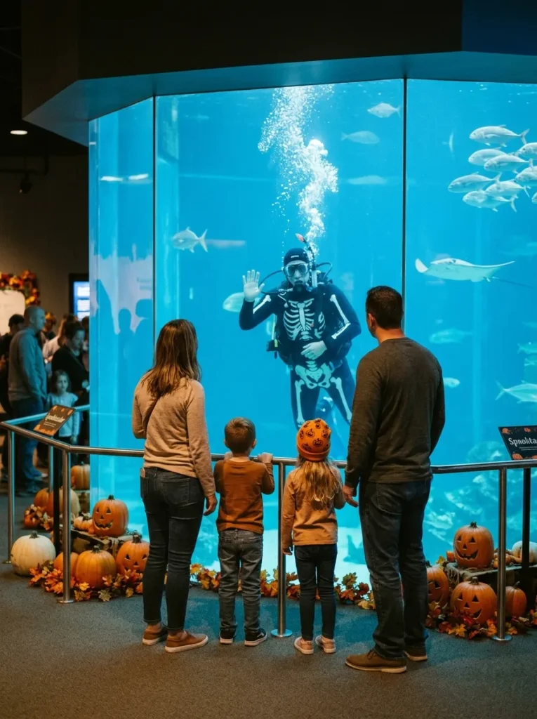 Aquarium Halloween Underwater Dive Shows - halloween events near me for kids (Scuba diver in costume underwater pumpkin carving show at aquarium)