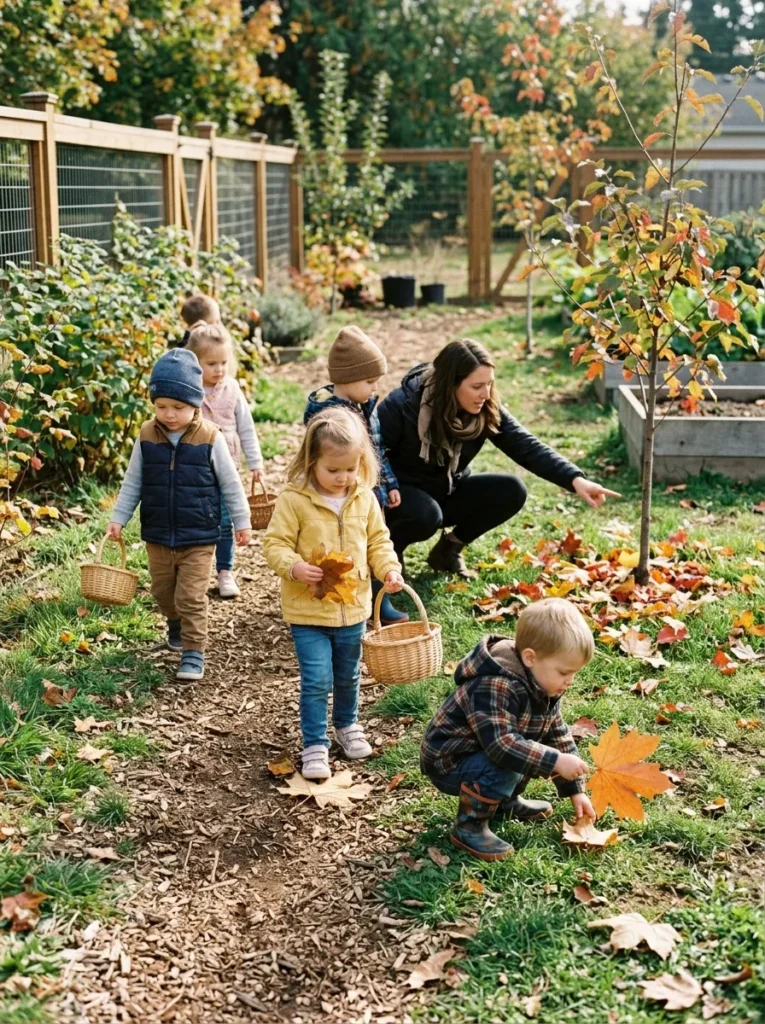 Autumn Sensory Leaf Hunt Scavenger Run - halloween games for preschoolers (Indoor fabric autumn leaf scavenger hunt with collection baskets)