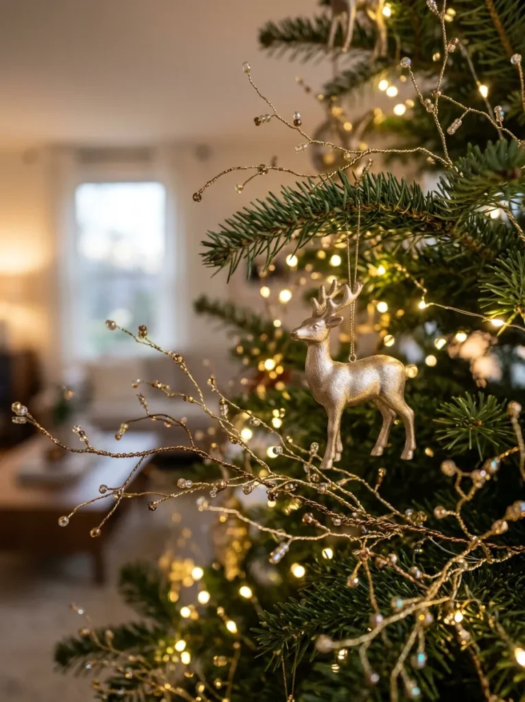 Beaded Wire Branch Highlights - deer christmas ornaments (Artisanal beaded wire branch highlights arranged as elegant deer christmas ornaments with festive textures and warm ambient lighting)