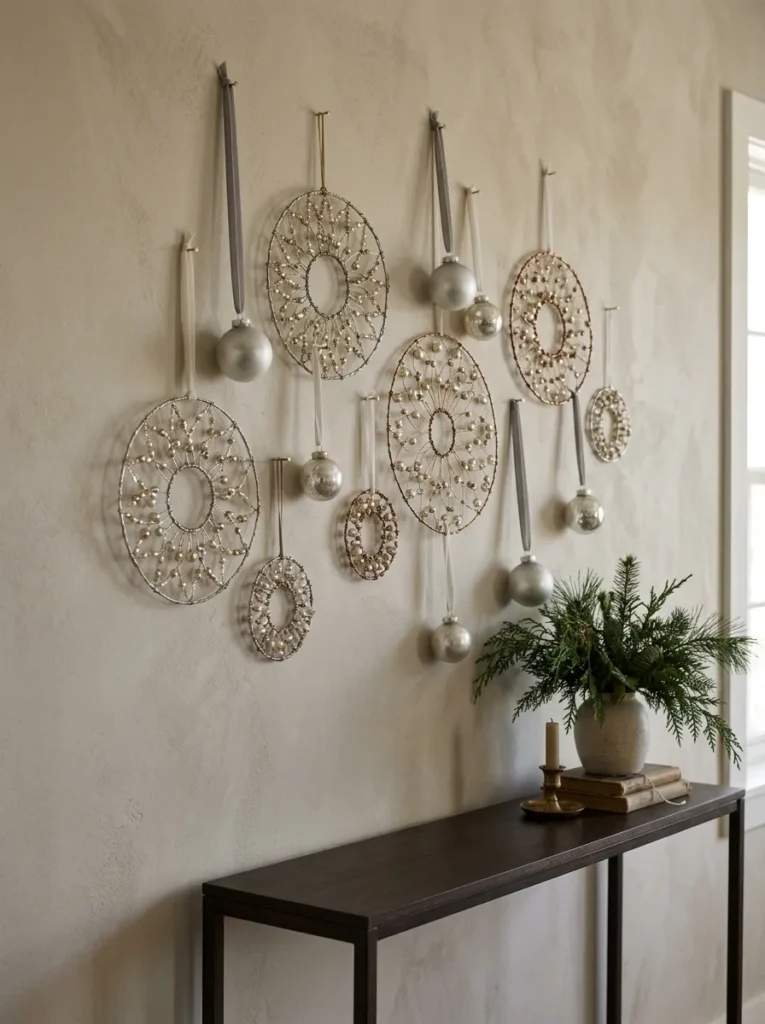 Beaded Wire Wall Decor - silver christmas balls (Artisanal beaded wire wall decor arranged as elegant silver christmas balls with festive textures and warm ambient lighting)