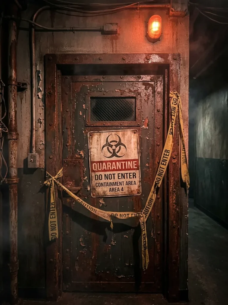 Biohazard Quarantine Flashing Strobe Sign - scary halloween signs (Biohazard quarantine flashing strobe warning sign for haunted house entrance)