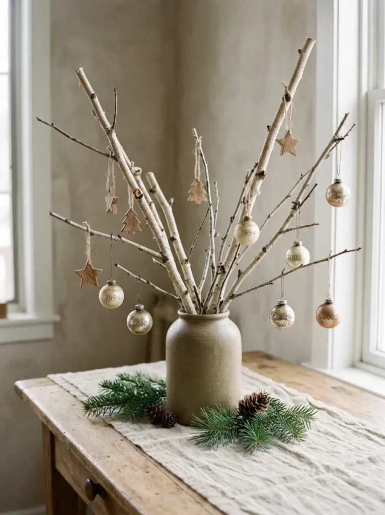 Birch Twig Wood Touches - dated christmas ornaments (Artisanal birch twig wood touches arranged as elegant dated christmas ornaments with festive textures and warm ambient lighting)