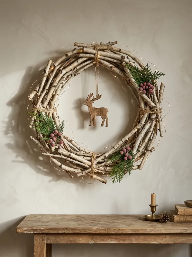 Birch Twig Wreath Tiers - christmas reindeer decor (Natural white birch twig wreaths layered above charming christmas reindeer decor)