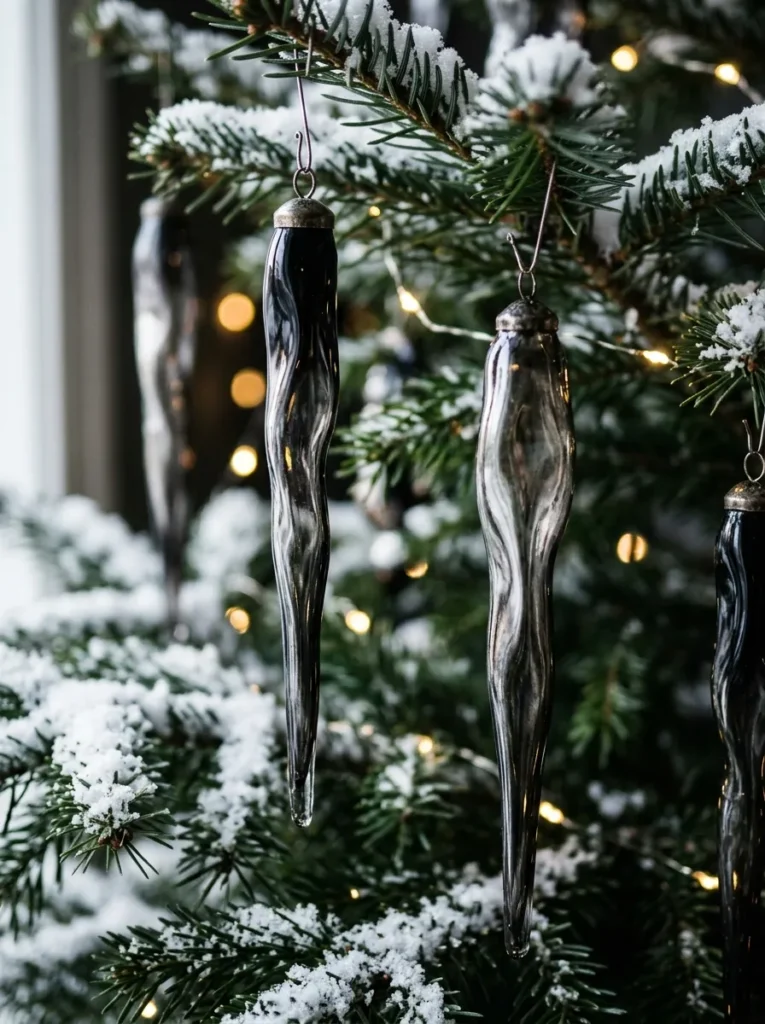 Black Ice Glass Icicle Tree Drops - halloween christmas decorations (Twisted blown glass icicle ornaments tinted in translucent smoky charcoal)