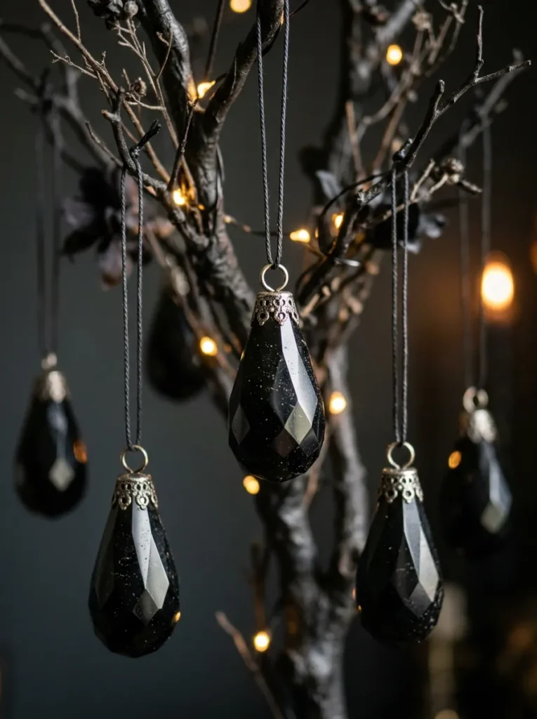 Black Obsidian Crystal Pendulum Drops - halloween ornament (Polished black obsidian and amethyst gemstone crystal pendulums wrapped in antique copper craft wire)
