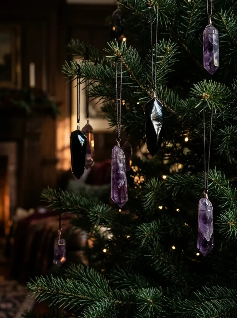 Black Obsidian and Amethyst Crystal Points - halloween ornaments for tree (Raw wire-wrapped black obsidian and amethyst mineral crystal points)
