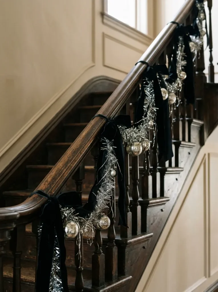 Black Velvet and Silver Tinsel Garland - halloween christmas decorations (Crushed black velvet ribbon and shimmering silver tinsel swagged along stairway)