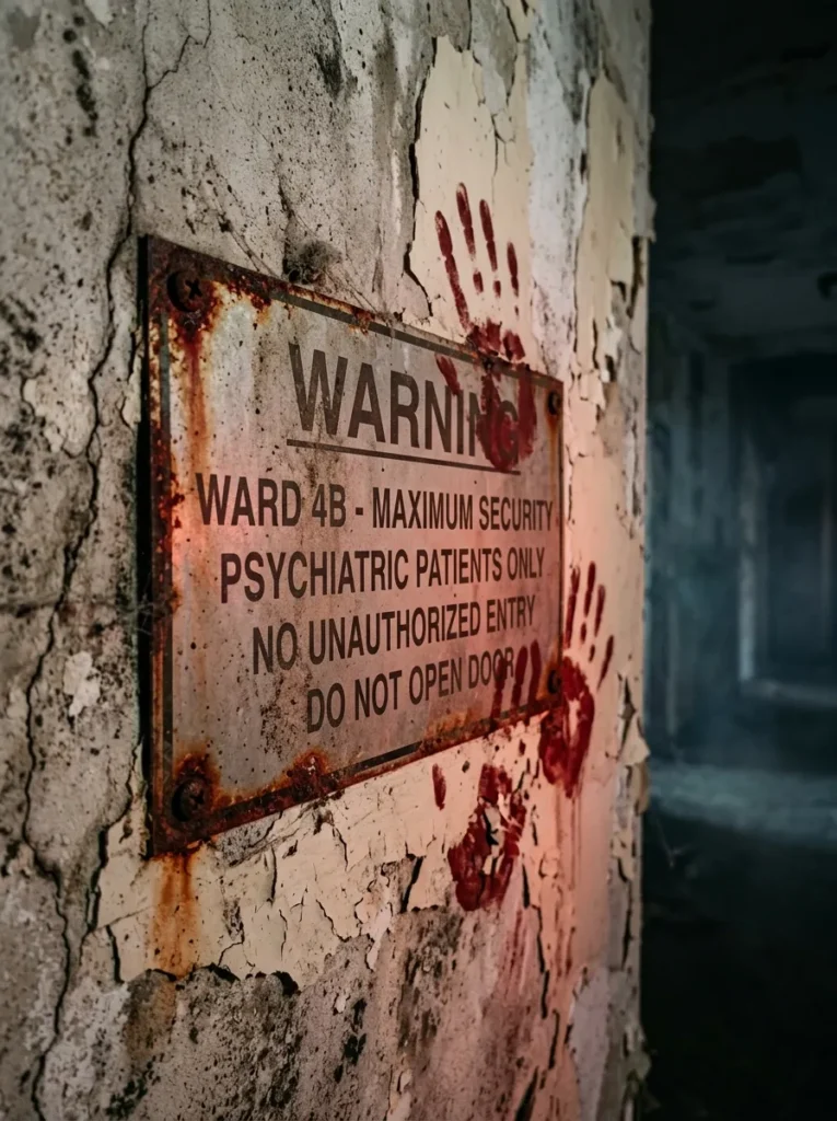 Bloody Handprint Asylum Warning Plaque - scary halloween signs (Weathered bloody handprint asylum warning plaque outdoor decor)