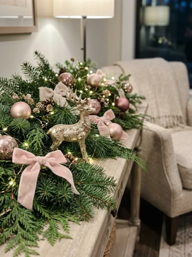 Blush Pink Bough Vignettes - deer christmas ornaments (Artisanal blush pink bough vignettes arranged as elegant deer christmas ornaments with festive textures and warm ambient lighting)