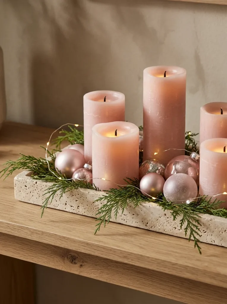 Blush Pink Candle Arrangements - magical nights of lights (Romantic blush pink taper candles casting gentle ambient glows during magical nights of lights)