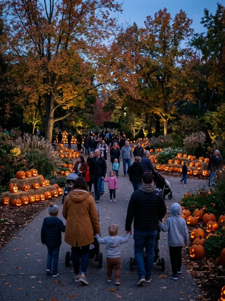 Botanical Garden Jack-O-Lantern Illuminated Stroll - halloween events near me for kids (Glowing carved jack-o-lantern trail walk in evening botanical garden)