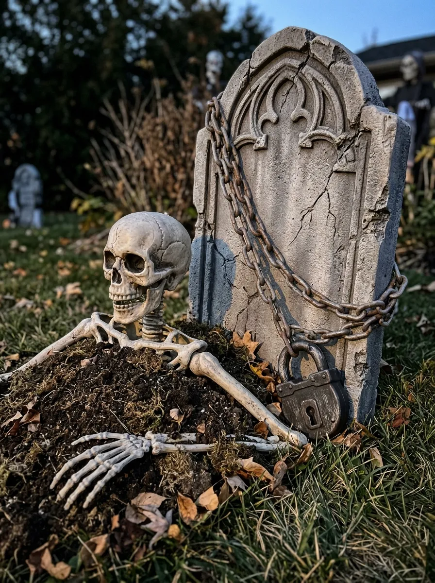Buried Skeleton Chain and Padlock Constraints - graveyard halloween decorations (Heavy plastic link chains and antique padlocks binding a partially buried wooden coffin)