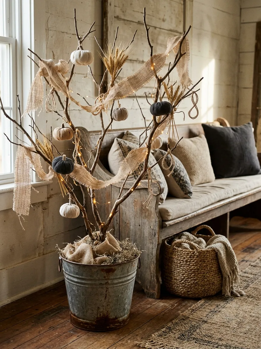 Burlap Draped Rustic Farmhouse Spooky Tree - halloween spooky tree (Rustic twig tree wrapped in natural burlap with jute twine, dried gourds, and cinnamon bundles)