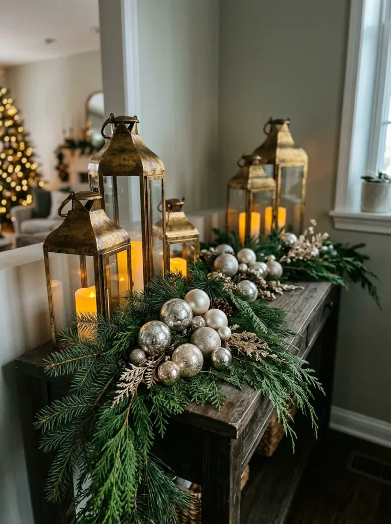 Burnished Gold Lantern Arrangements - silver christmas balls (Artisanal burnished gold lantern arrangements arranged as elegant silver christmas balls with festive textures and warm ambient lighting)