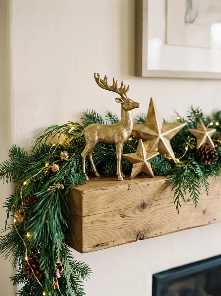 Burnished Gold Star Touches - deer christmas ornaments (Artisanal burnished gold star touches arranged as elegant deer christmas ornaments with festive textures and warm ambient lighting)