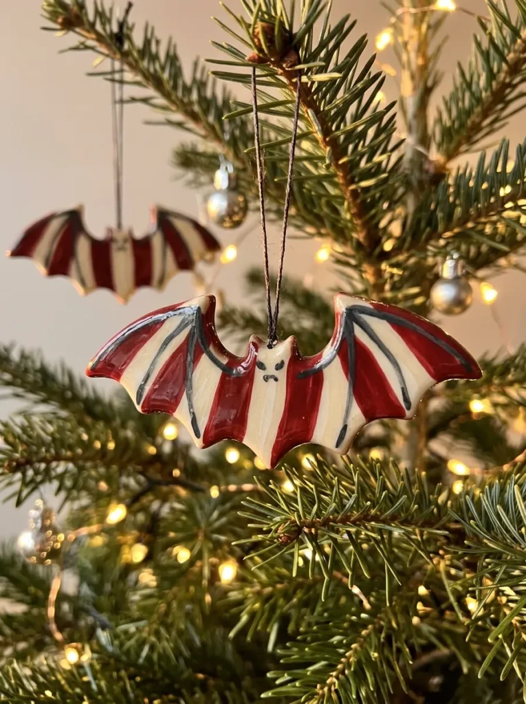 Candy Cane Bat Wing Tree Ornaments - halloween christmas decorations (Peppermint candy canes with laser-cut black leather bat wings hanging on tree boughs)