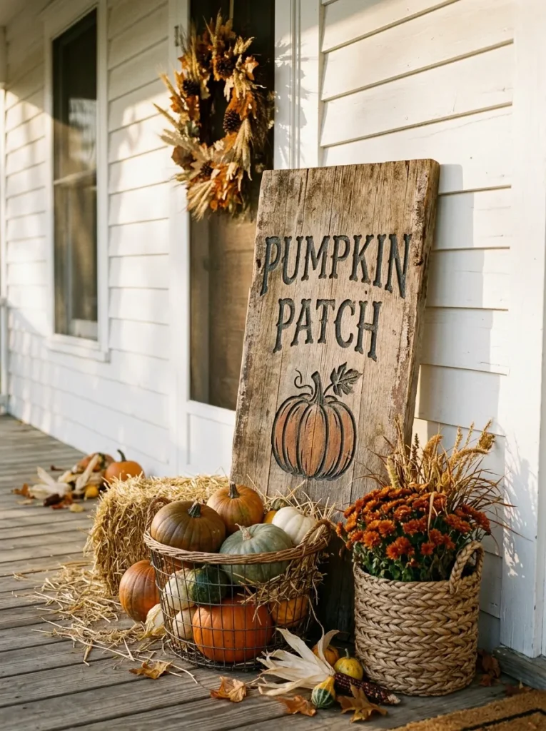 Carved Wood Farmhouse Pumpkin Patch Sign - halloween signs (Horizontal distressed white wood plank sign painted with Pumpkin Patch Open Daily in country serif lettering)