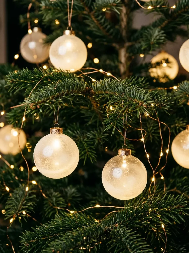 Cascading Micro-LED Twinkle Lights with Light Up Christmas Balls - light up christmas balls (Delicate warm amber micro-LED fairy lights cascading over illuminated holiday glass baubles)