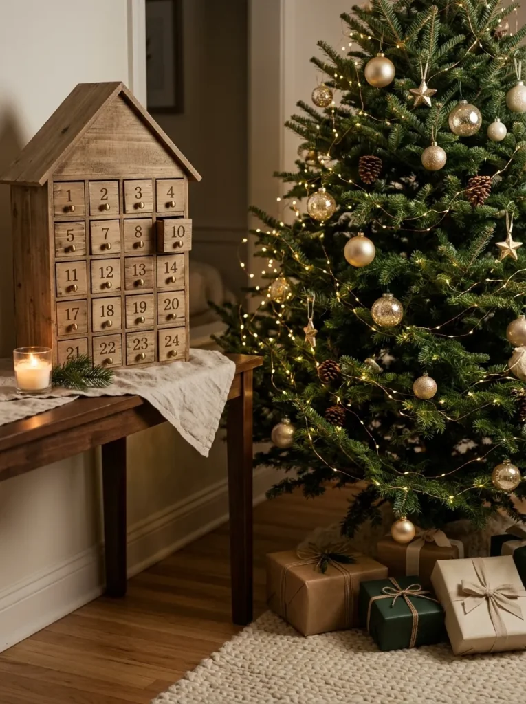 Cascading Micro-LED Twinkle Lights with Zyn Christmas Calendar - zyn christmas calendar (Warm fairy micro-LEDs draping gracefully around an artistic zyn christmas calendar arrangement)
