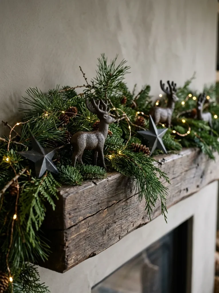 Cast Iron Garland Features - deer christmas ornaments (Artisanal cast iron garland features arranged as elegant deer christmas ornaments with festive textures and warm ambient lighting)