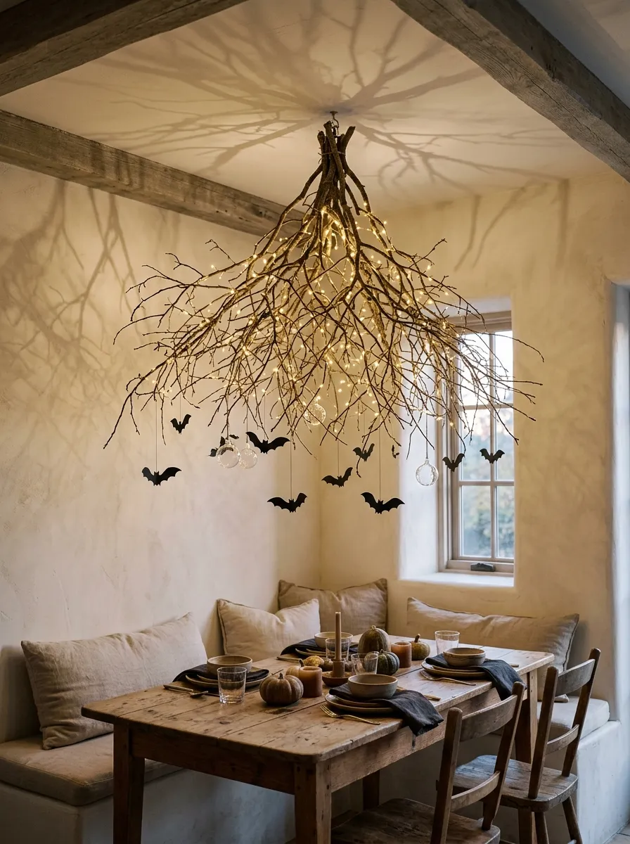 Ceiling-Suspended Twig Chandelier Tree - halloween spooky tree (Horizontal suspended birch branch chandelier with floating dripping LED taper candles over dining table)