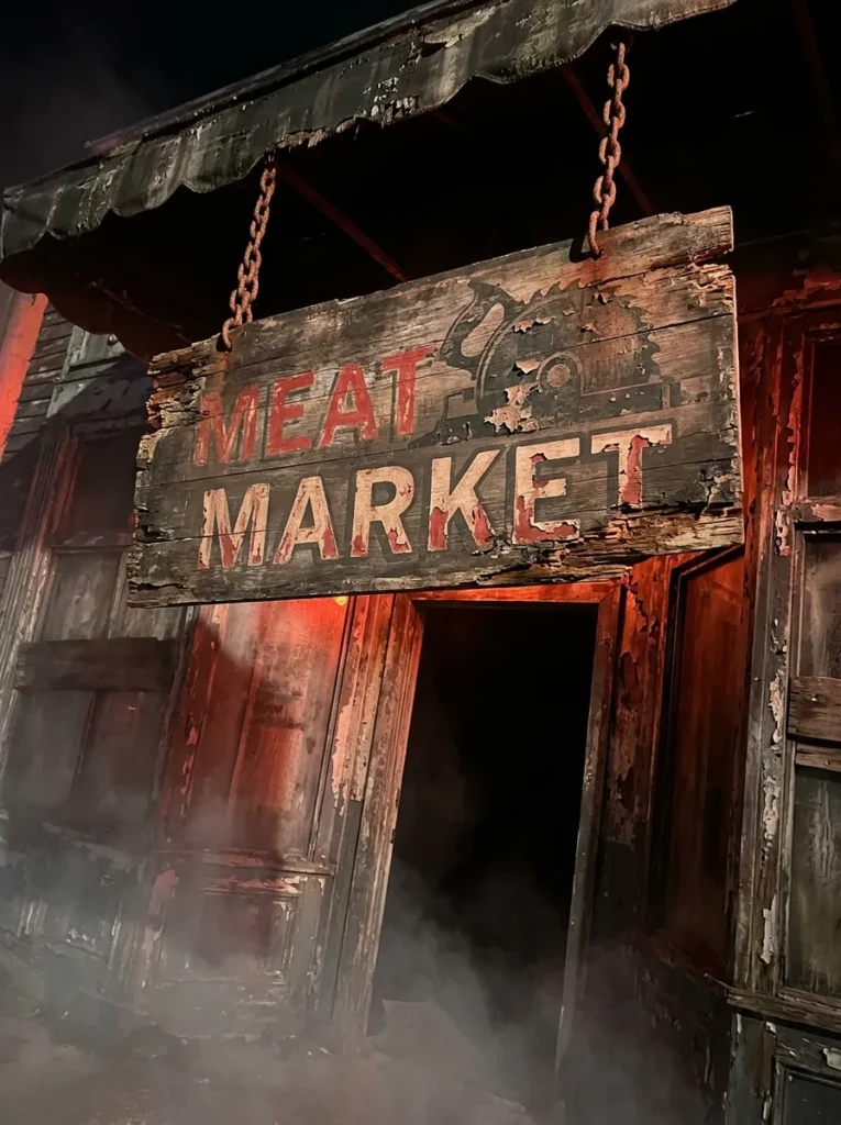 Chainsaw Meat Market Weathered Wood Sign - scary halloween signs (Rustic chainsaw meat market weathered wood butchery sign)
