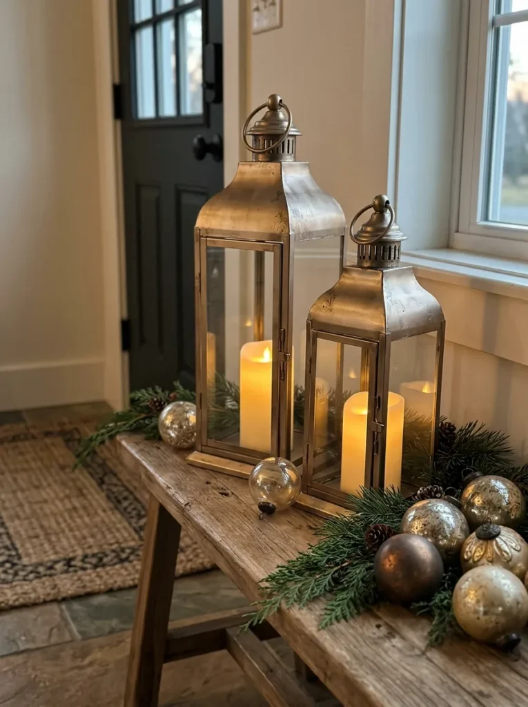 Champagne Bronze Lanterns Styling - dated christmas ornaments (Artisanal champagne bronze lanterns styling arranged as elegant dated christmas ornaments with festive textures and warm ambient lighting)