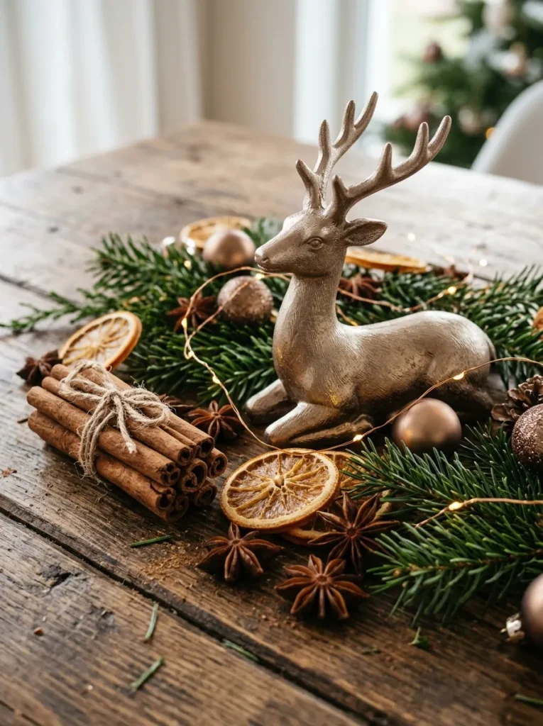 Champagne Bronze Spice Displays - christmas reindeer decor (Aromatic cinnamon and anise bundles in bronze vessels accenting christmas reindeer decor)