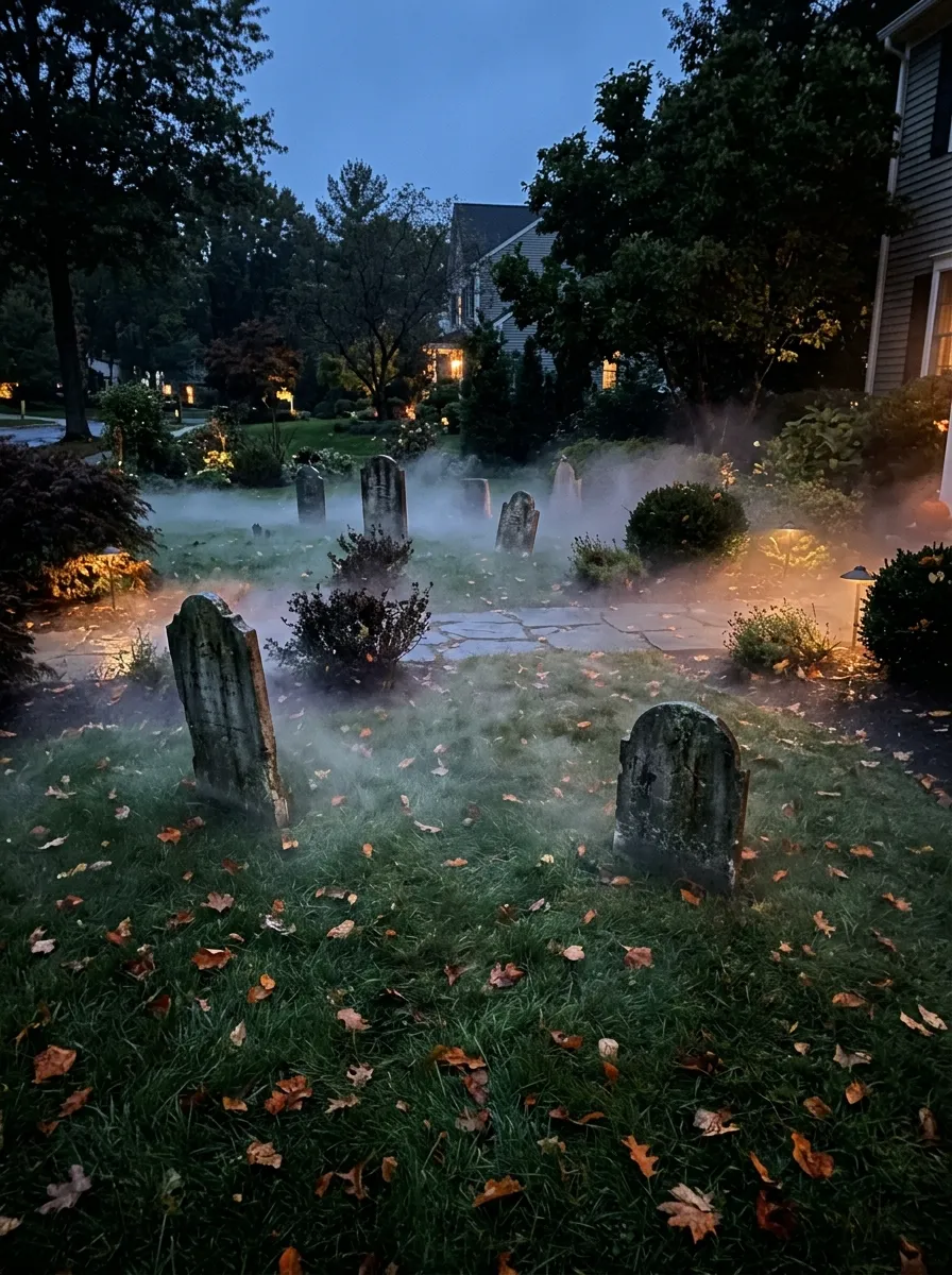 Chilled Ground Fog Machine Mist Dispersion - graveyard halloween decorations (Dense low-lying chilled fog rolling across front lawn around tombstone bases)
