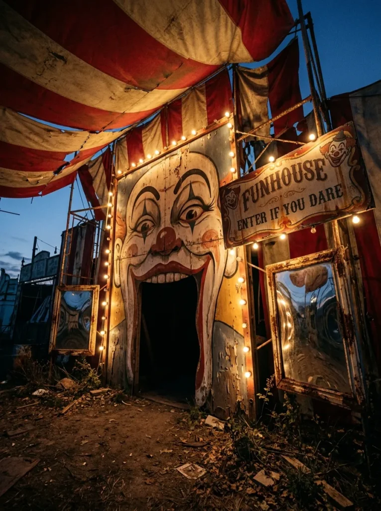 Clown Funhouse of Doom Distorted Sign - scary halloween signs (Twisted circus clown funhouse of doom distorted entryway sign)