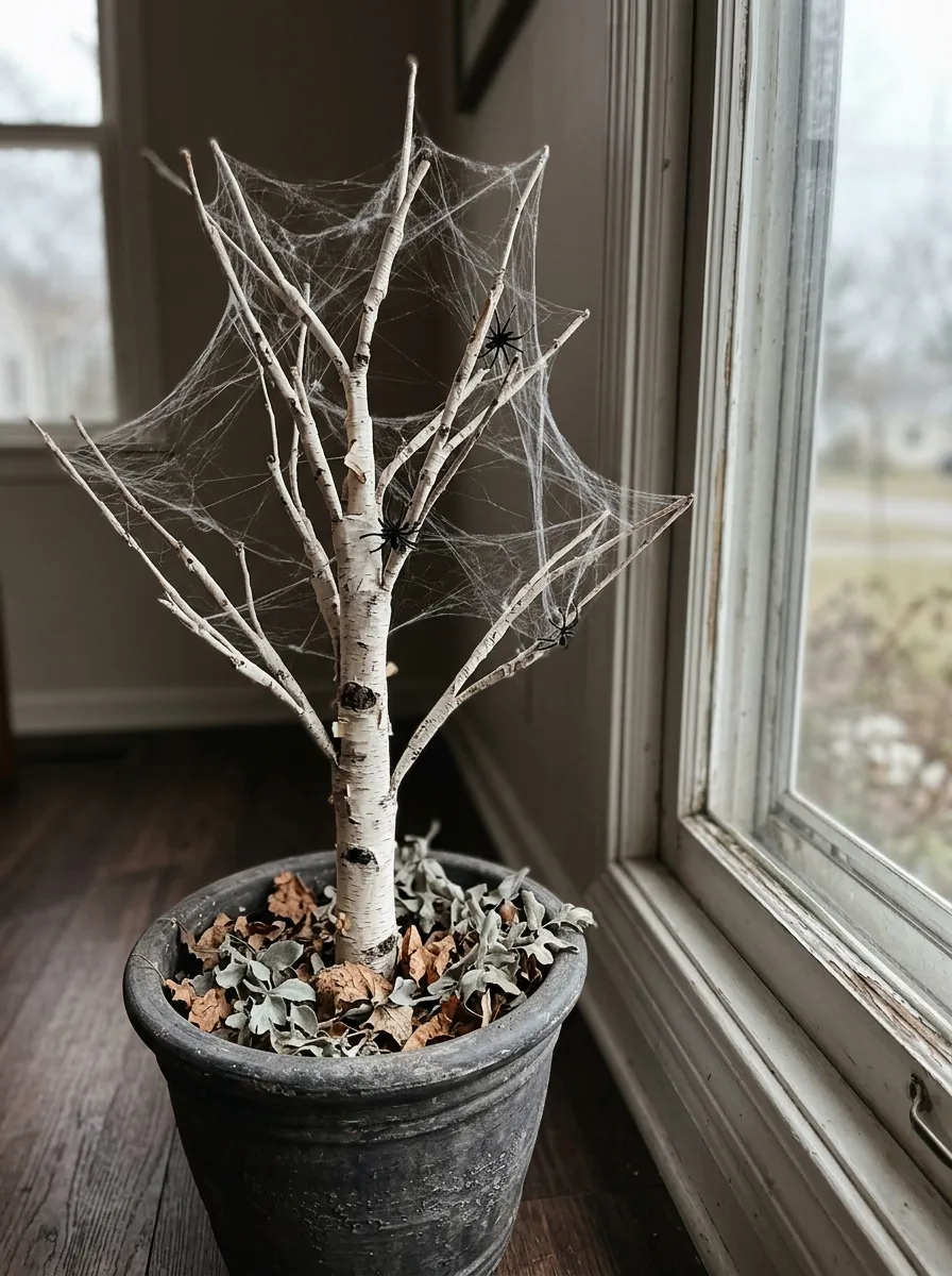 Cobweb Covered White Birch Twig Tree - halloween spooky tree (White birch branches draped in delicate spiderwebbing and icy-blue fairy lights with glitter spiders)