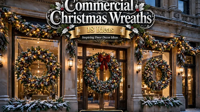 Grand storefront entrance decorated with oversized commercial Christmas wreaths, garlands and warm glowing lights in the snow