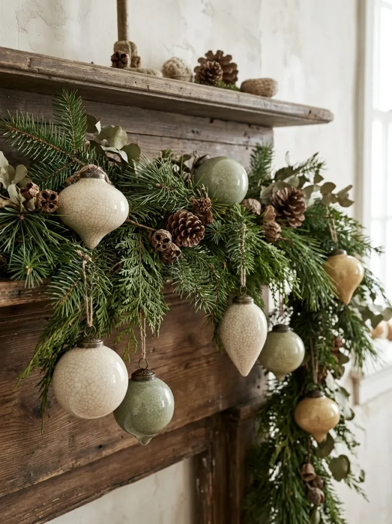 Crackle Glaze Garland Touches - dated christmas ornaments (Artisanal crackle glaze garland touches arranged as elegant dated christmas ornaments with festive textures and warm ambient lighting)