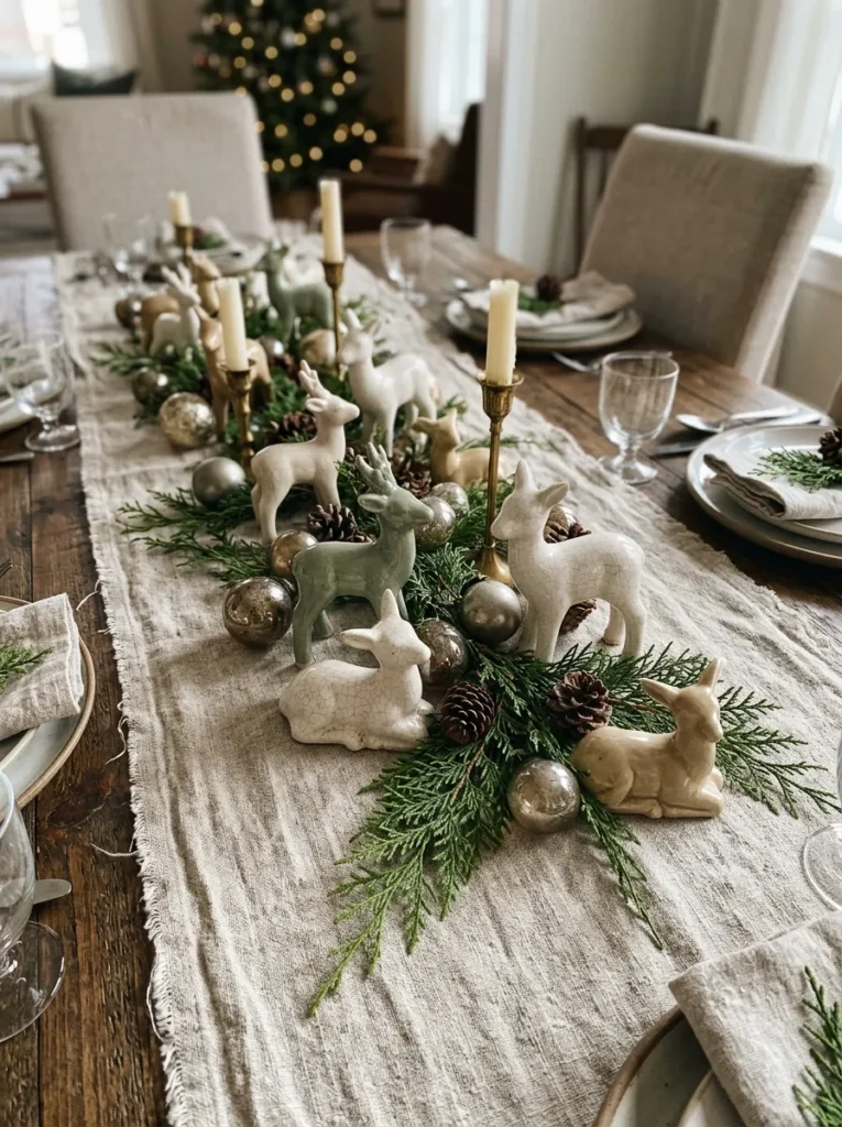 Crackle Glaze Runners Clusters - deer christmas ornaments (Artisanal crackle glaze runners clusters arranged as elegant deer christmas ornaments with festive textures and warm ambient lighting)